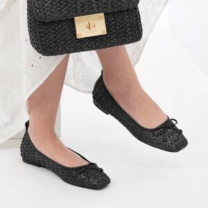 Eric Javits Black Ballet Flats Natural Parris Raffia Shoe Size 9.5